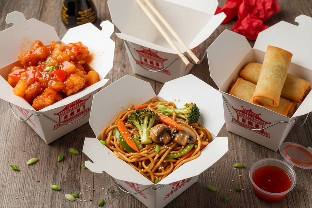 Chinese takeaway consisting of sweet and sour chicken, chicken chow mein and spring rolls