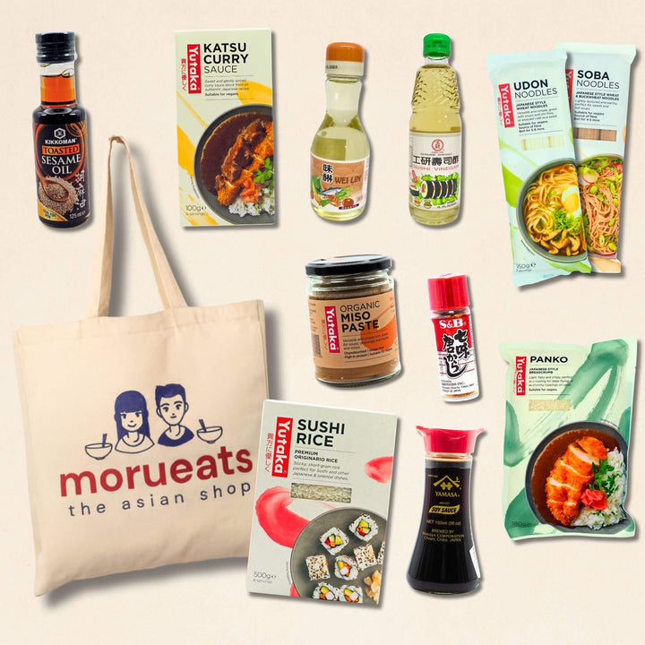 Collection of Asian food products including a tote bag with 'morueats' branding on a light background.
