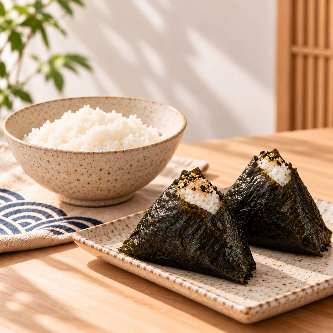 Two ready-to-eat onigiris and a bowl of rice